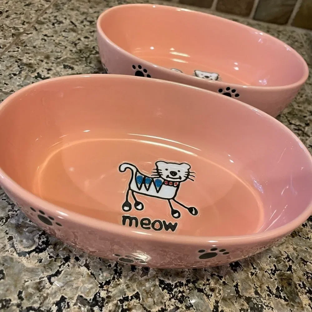 Pet Rageous Adorable Peach Ceramic Cat Bowls set of 2